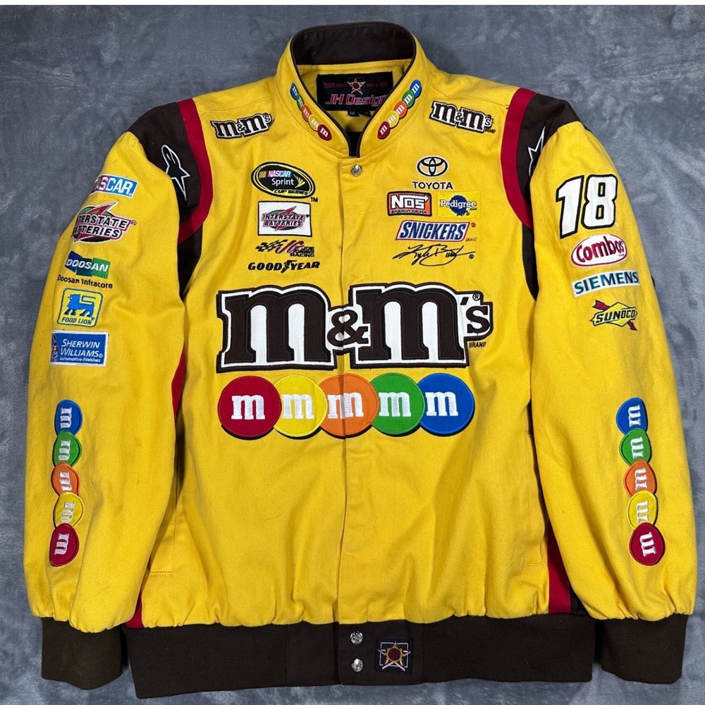 JH Design Kyle Busch NASCAR M&M's Racing Jacket Yellow Brown Mens 2XL 18 Patch